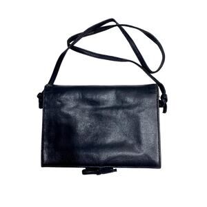 70s Mod Markay Dark Blue Leather Shoulder Bag w Flap and Bow | 8.25" x 6" x 3"